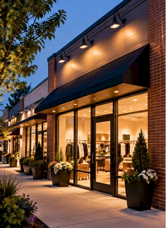 Illuminated neighborhood retail storefront