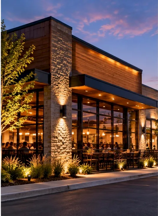 Restaurant exterior with architectural lighting