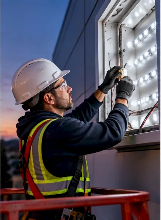 Technician servicing LED components in a commercial sign