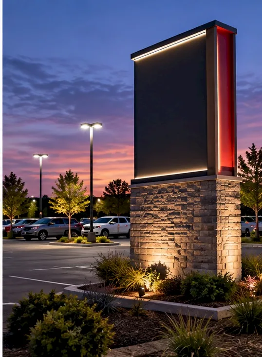 Illuminated parking lot and freestanding monument sign
